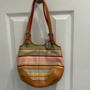 Vintage Coach Striped Multicolor Canvas Shoulder Bag with Tan Leather Trim
